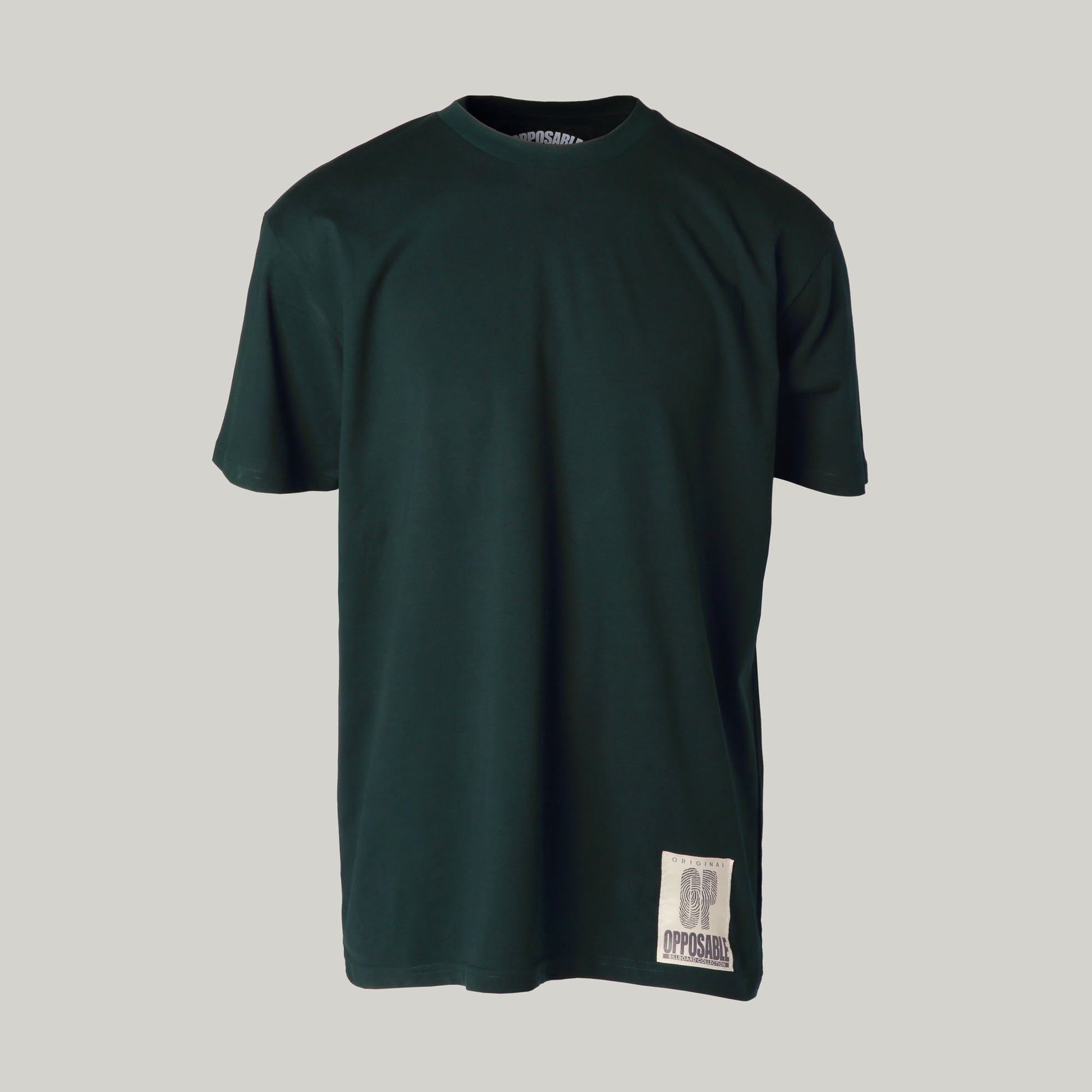 Opposable - The OP Billboard Tee - Back Yard Cricket. Opposable OP logo T-Shirt  in deep green. Front angle.