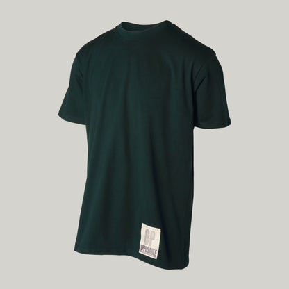 Opposable - The OP Billboard Tee - Back Yard Cricket. Opposable OP logo T-Shirt  in deep green. Left angle.